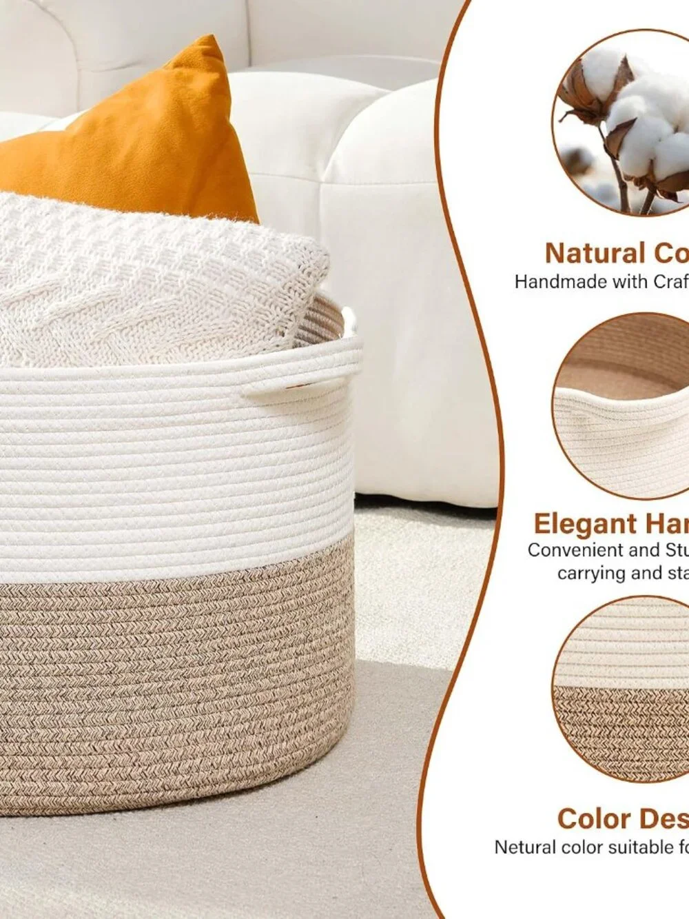 New Foldable Laundry Hamper Basket with Collapsible Handle Cotton Rope Soft Wove